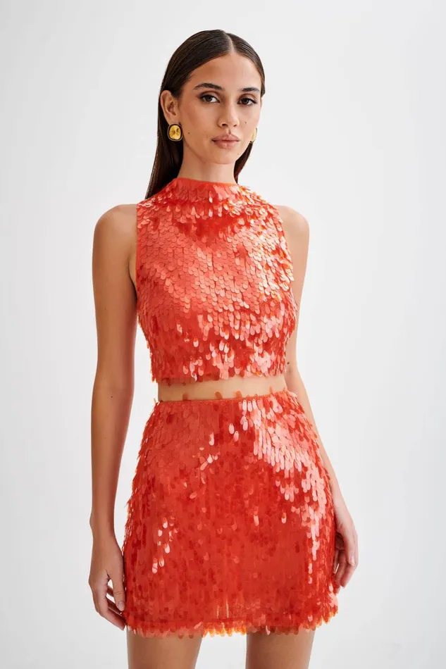 Women Meshki Tops Savannah Sequin Crop Top 8211 Firey Orange