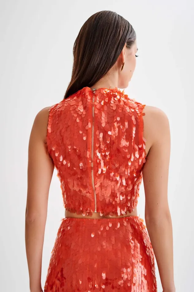 Women Meshki Tops Savannah Sequin Crop Top 8211 Firey Orange