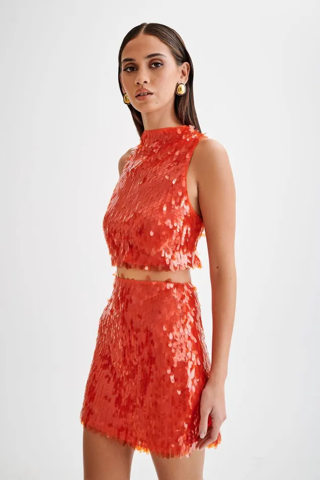 Women Meshki Tops Savannah Sequin Crop Top 8211 Firey Orange