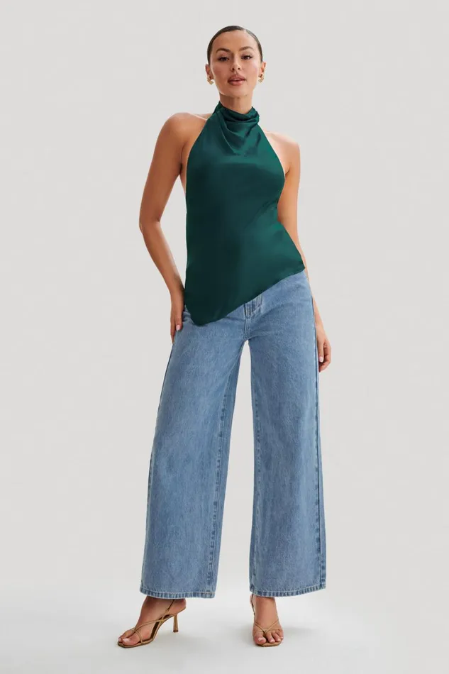 Women Meshki Tops Seraphine Satin Halter Top 8211 Forest Green