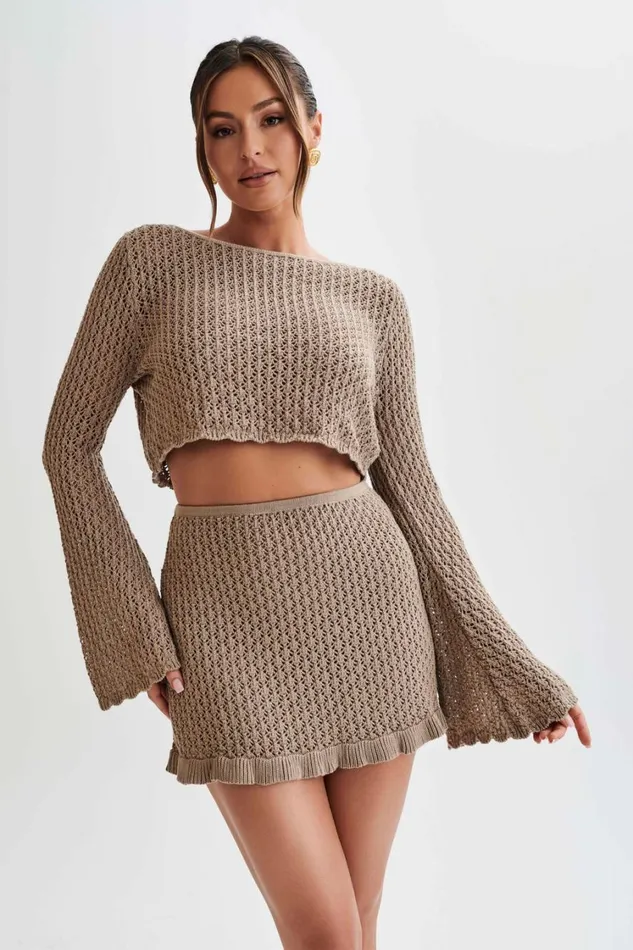 Women Meshki Tops Sian Knit Long Sleeve Crop Top 8211 Taupe