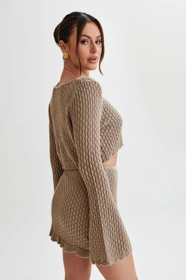 Women Meshki Tops Sian Knit Long Sleeve Crop Top 8211 Taupe