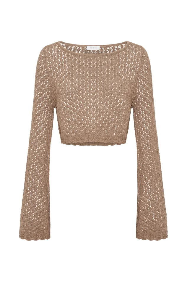 Women Meshki Tops Sian Knit Long Sleeve Crop Top 8211 Taupe