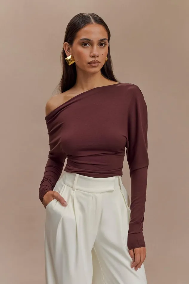 Women Meshki Tops Yasmin Asymmetrical Long Sleeve Top 8211 Mahogany