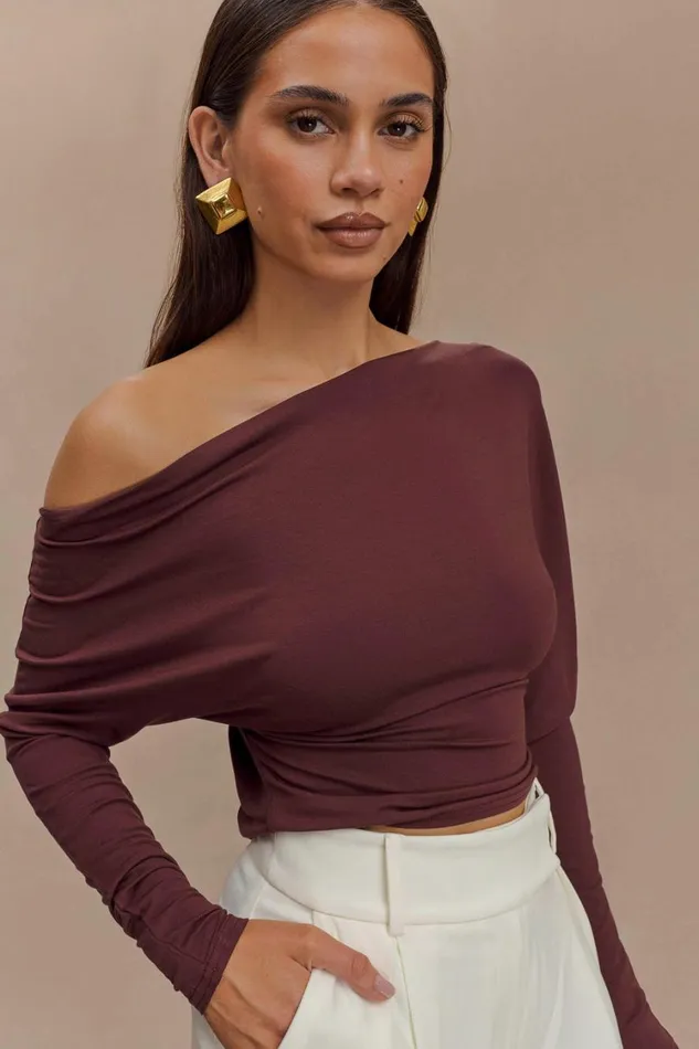 Women Meshki Tops Yasmin Asymmetrical Long Sleeve Top 8211 Mahogany
