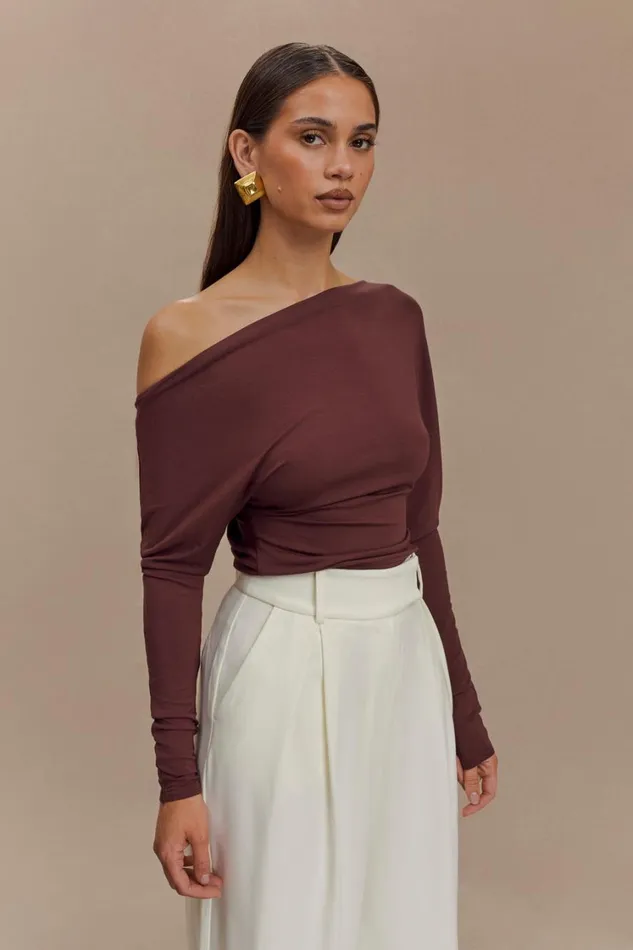 Women Meshki Tops Yasmin Asymmetrical Long Sleeve Top 8211 Mahogany