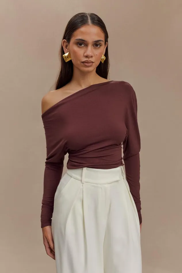 Women Meshki Tops Yasmin Asymmetrical Long Sleeve Top 8211 Mahogany