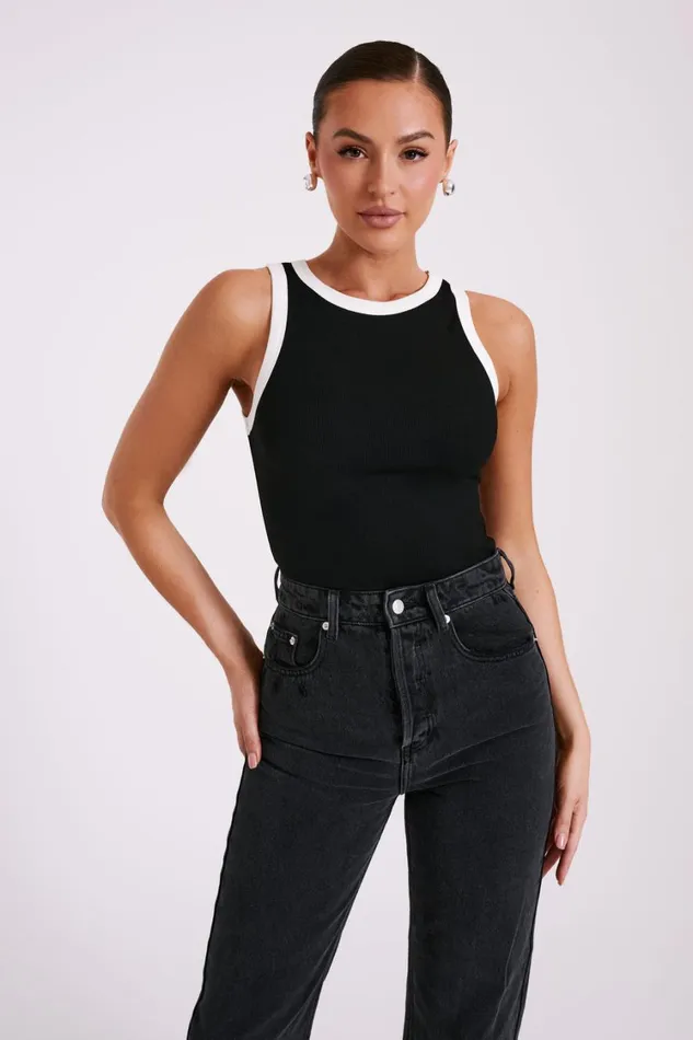 Women Meshki Tops Zanna Contrast Ribbed Tank Top 8211 BlackWhite