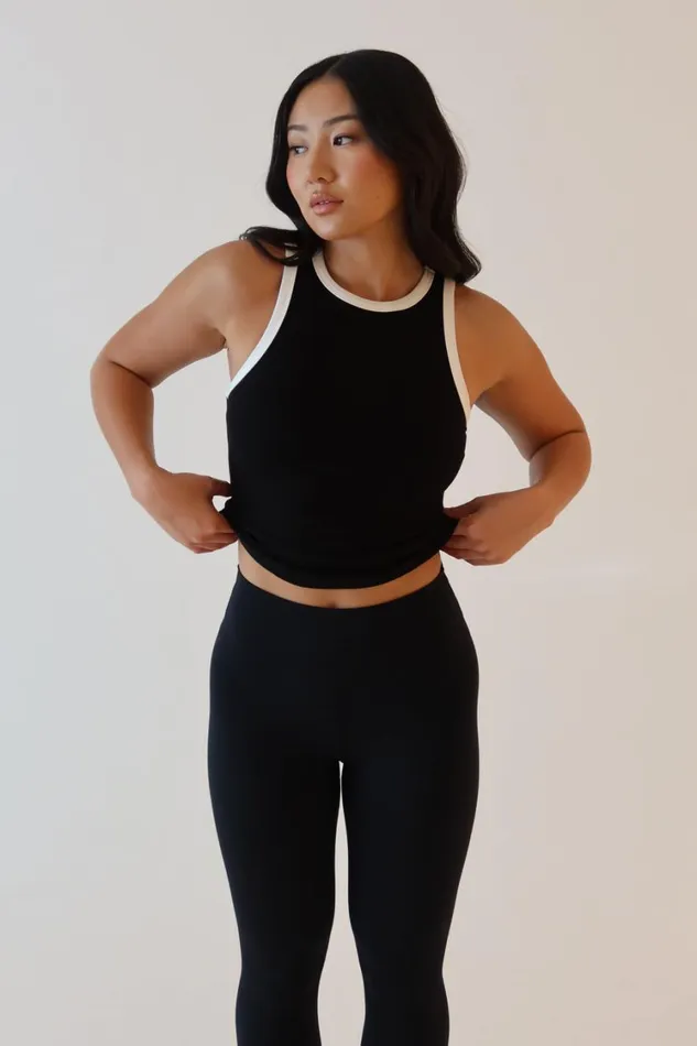 Women Meshki Tops Zanna Contrast Ribbed Tank Top 8211 BlackWhite