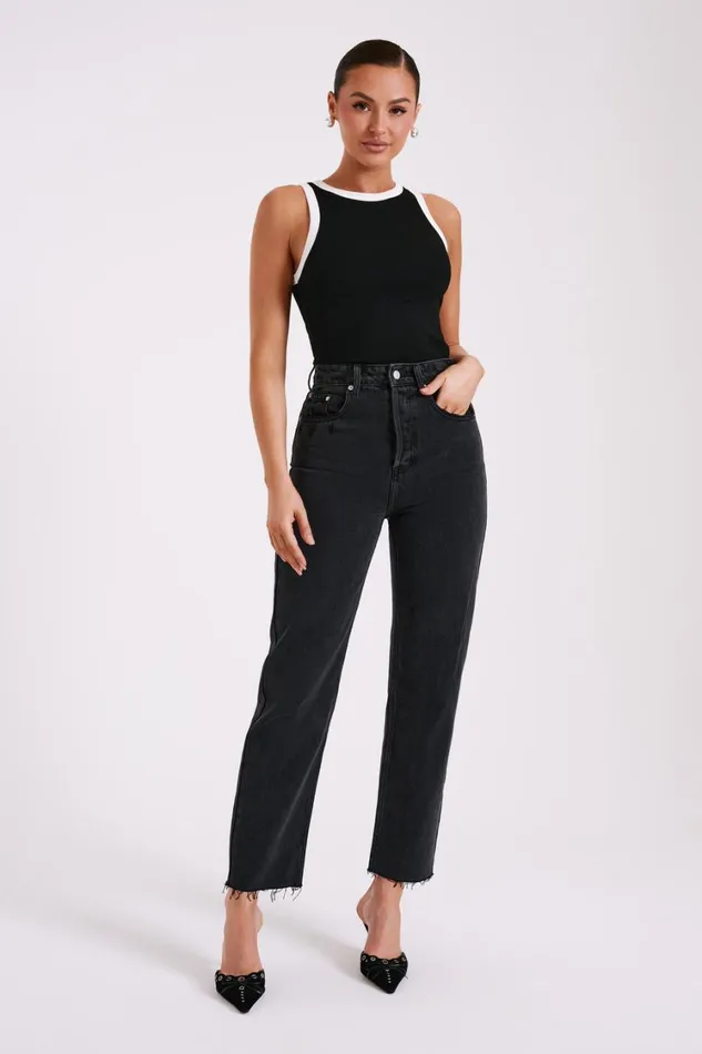 Women Meshki Tops Zanna Contrast Ribbed Tank Top 8211 BlackWhite