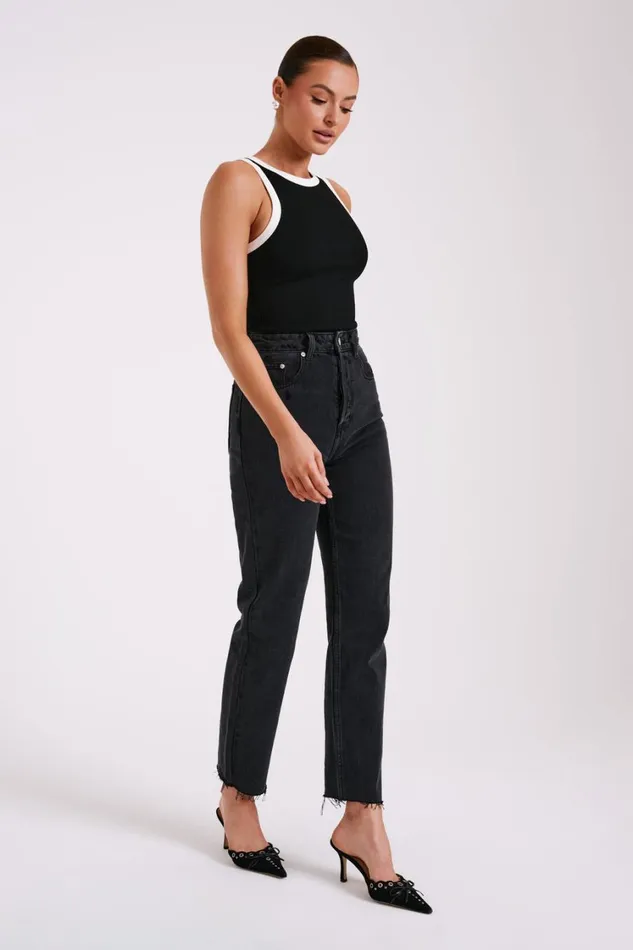 Women Meshki Tops Zanna Contrast Ribbed Tank Top 8211 BlackWhite