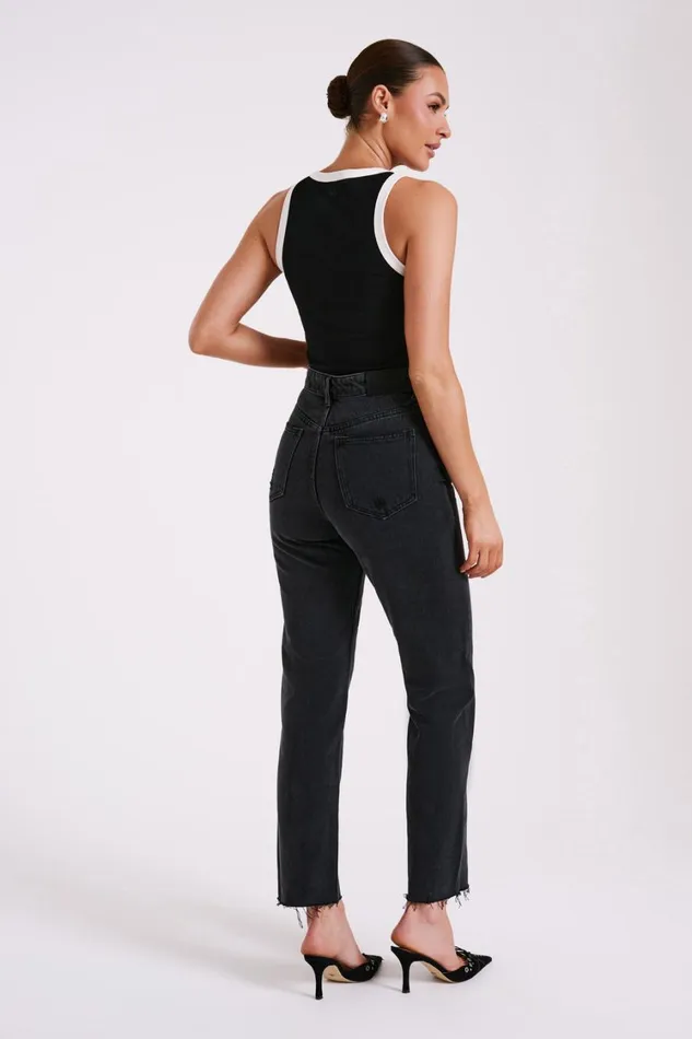 Women Meshki Tops Zanna Contrast Ribbed Tank Top 8211 BlackWhite