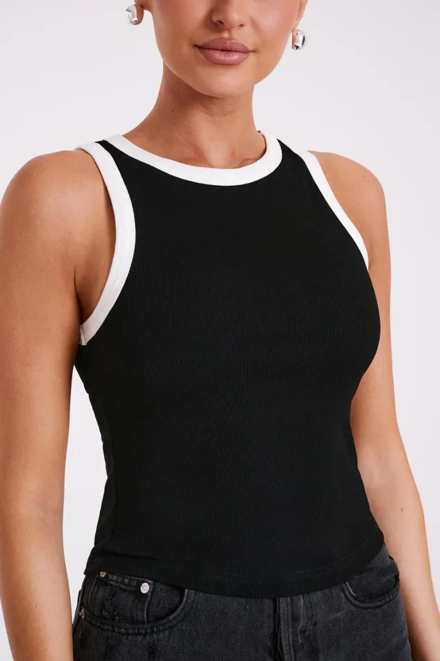 Women Meshki Tops Zanna Contrast Ribbed Tank Top 8211 BlackWhite