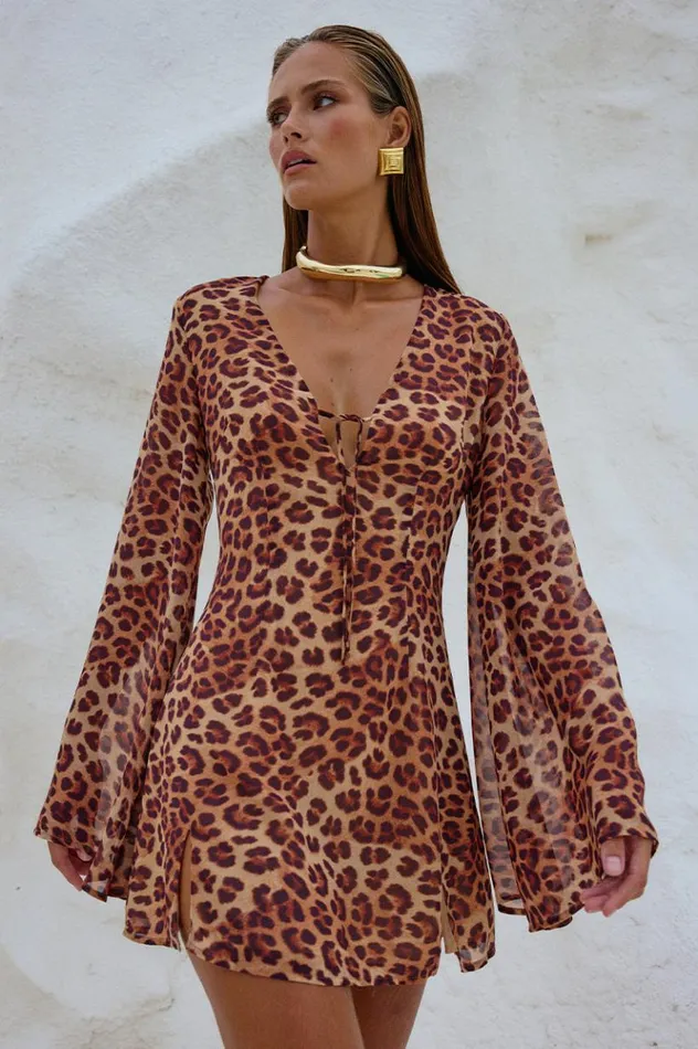 Women Mini Dresses Runaway The Label ANURA MINI DRESS Leopard Print