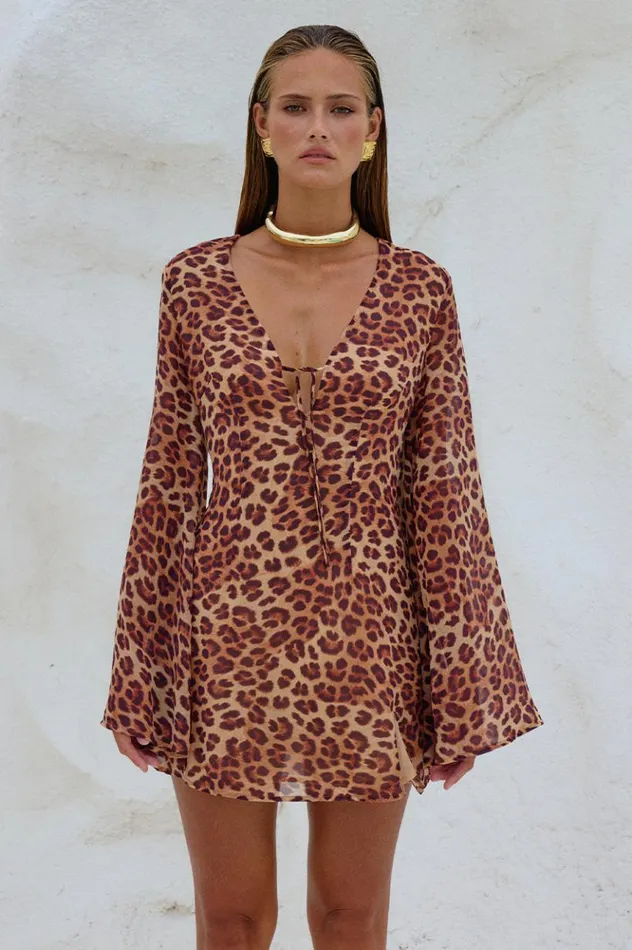 Women Mini Dresses Runaway The Label ANURA MINI DRESS Leopard Print