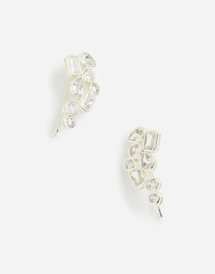 Women Mixed Cut Crystal Cluster Ear Crawlers Polished Silver Madewell Jewelry