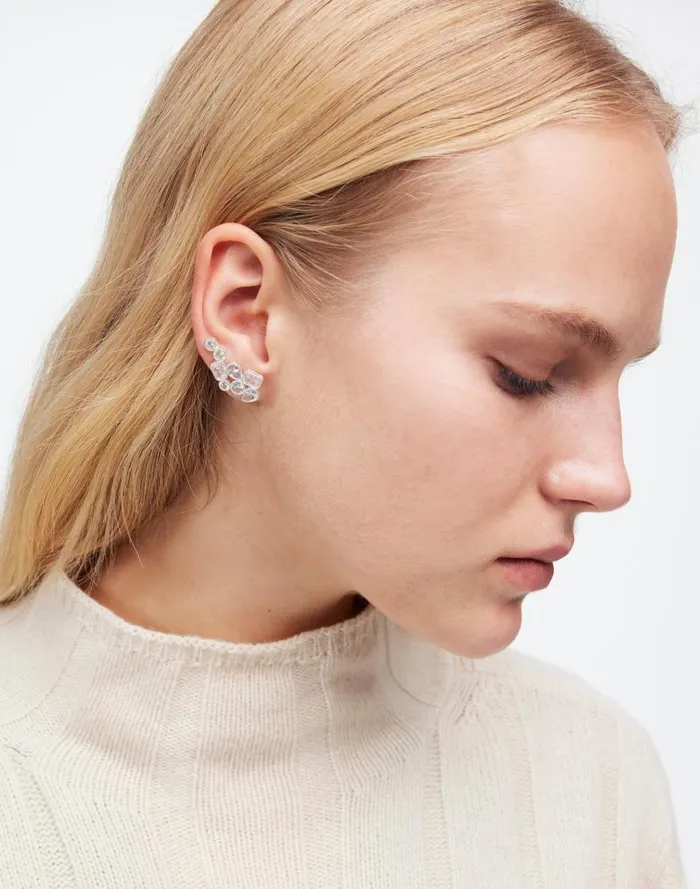 Women Mixed Cut Crystal Cluster Ear Crawlers Polished Silver Madewell Jewelry