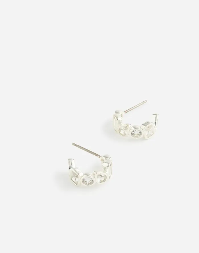 Women MixedCut Crystal Cluster Huggie Hoop Earrings Polished Silver Madewell Jewelry Women MixedCut Crystal Cluster Huggie Hoop Earrings Polished Silver Madewell Jewelry