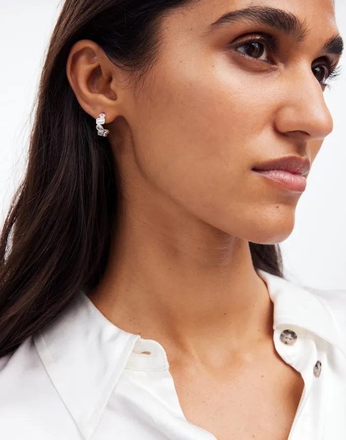 Women MixedCut Crystal Cluster Huggie Hoop Earrings Polished Silver Madewell Jewelry