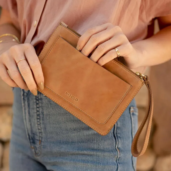 Women Nisolo Bags and Wallets GoTo Wristlet Clutch Almond