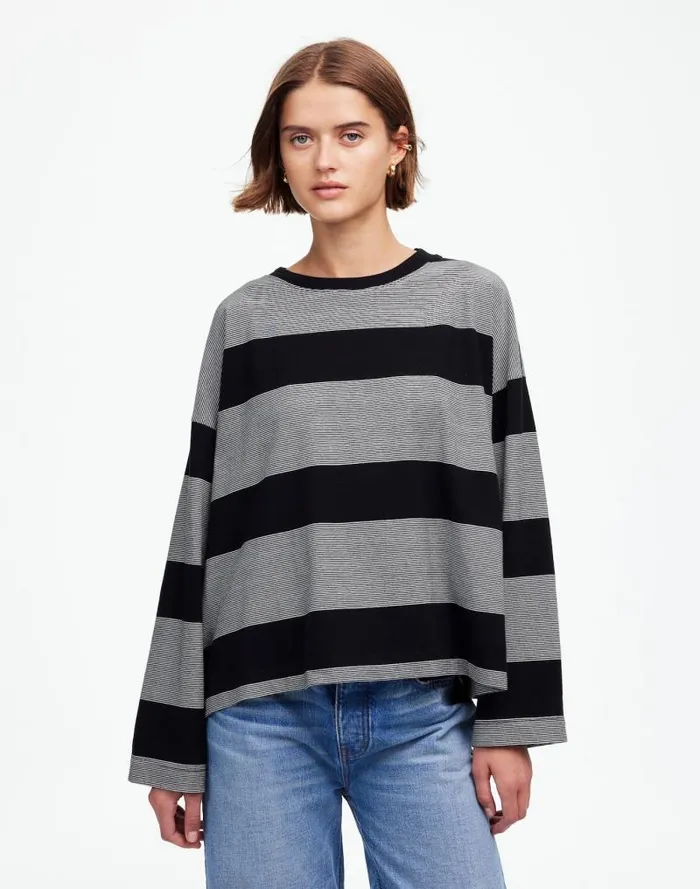 Women Oversized Crewneck LongSleeve Tee In Stripe Jet Black Madewell Tees