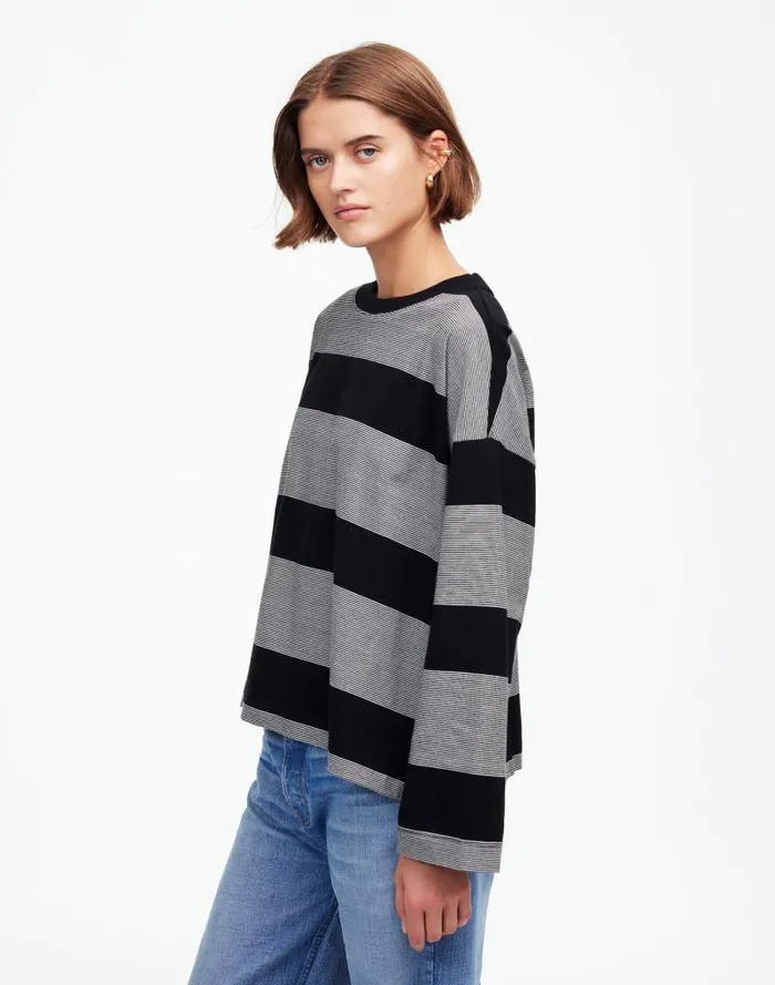 Women Oversized Crewneck LongSleeve Tee In Stripe Jet Black Madewell Tees