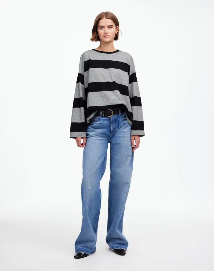 Women Oversized Crewneck LongSleeve Tee In Stripe Jet Black Madewell Tees