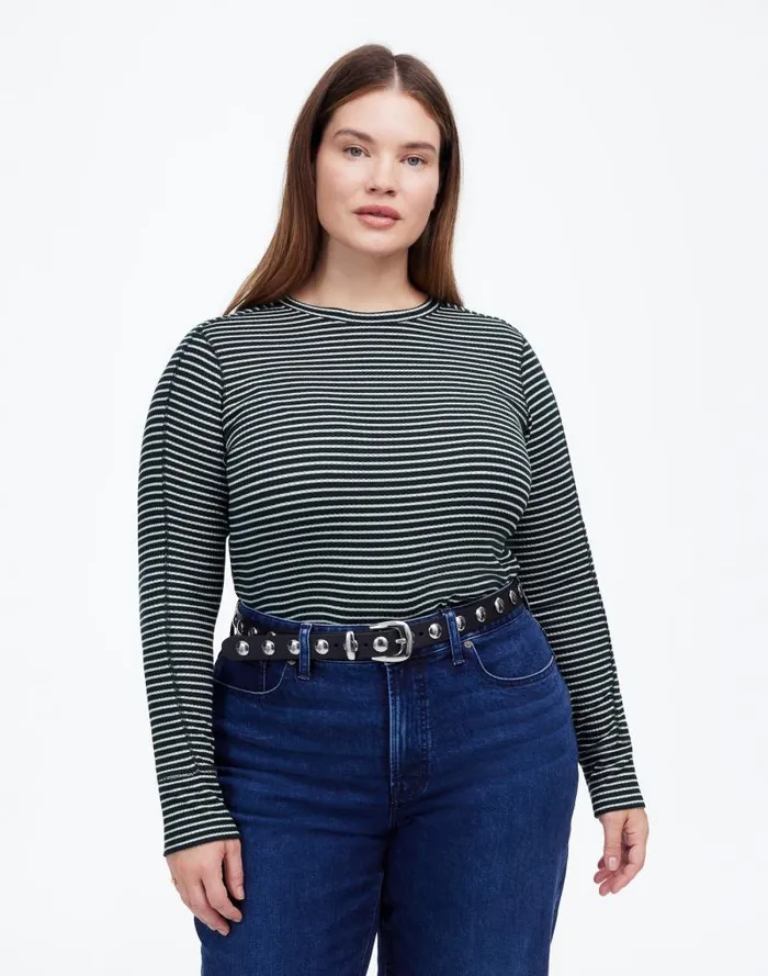 Women Plus Ribbed Crewneck LongSleeve Tee In Stripe Luxury Forest Madewell Tees