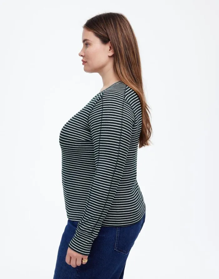 Women Plus Ribbed Crewneck LongSleeve Tee In Stripe Luxury Forest Madewell Tees