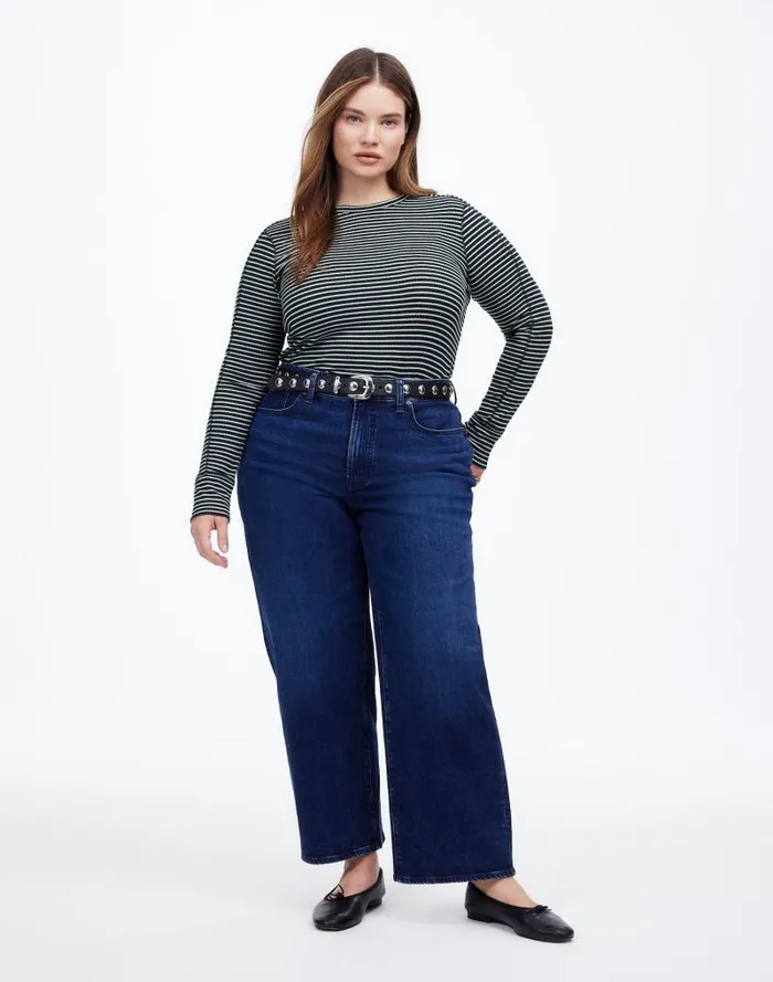 Women Plus Ribbed Crewneck LongSleeve Tee In Stripe Luxury Forest Madewell Tees