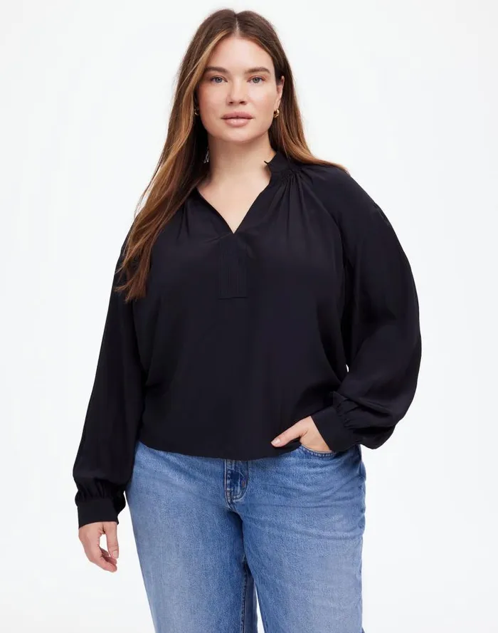 Women Plus Shirred LongSleeve Top In Silk True Black Madewell Tops and Shirts Women Plus Shirred LongSleeve Top In Silk True Black Madewell Tops and Shirts
