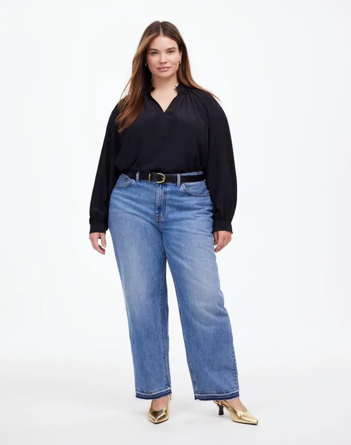 Women Plus Shirred LongSleeve Top In Silk True Black Madewell Tops and Shirts