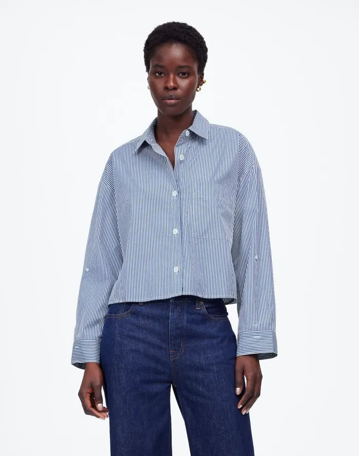 Women Poplin StraightHem Shirt Blue And White Even Stripe Madewell Tops and Shirts Women Poplin StraightHem Shirt Blue And White Even Stripe Madewell Tops and Shirts