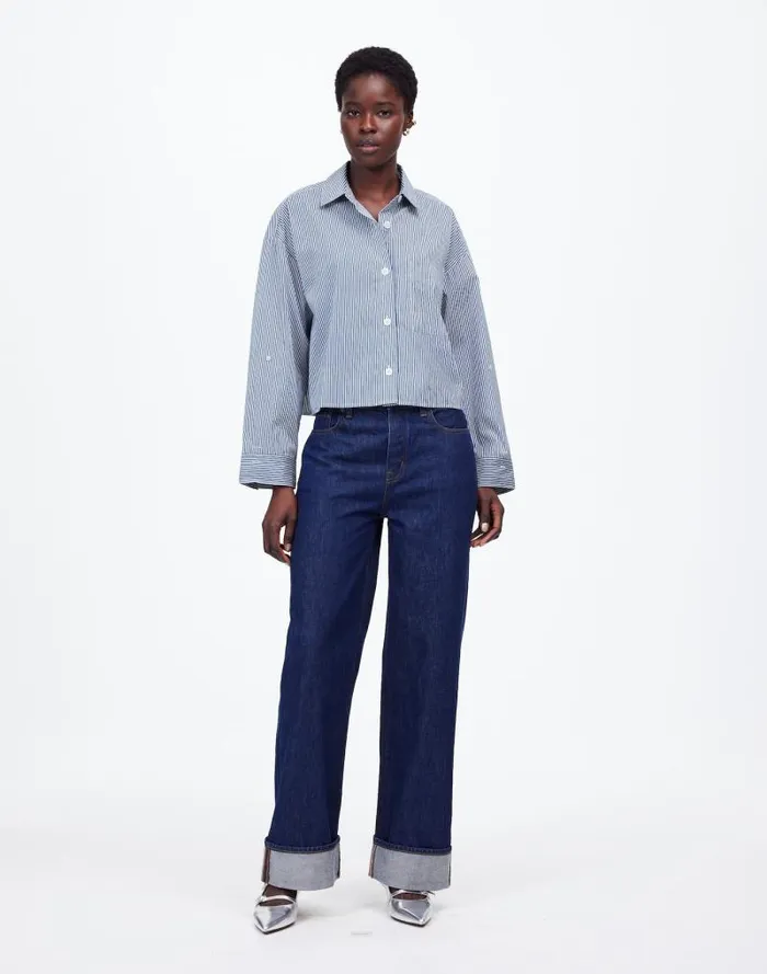Women Poplin StraightHem Shirt Blue And White Even Stripe Madewell Tops and Shirts