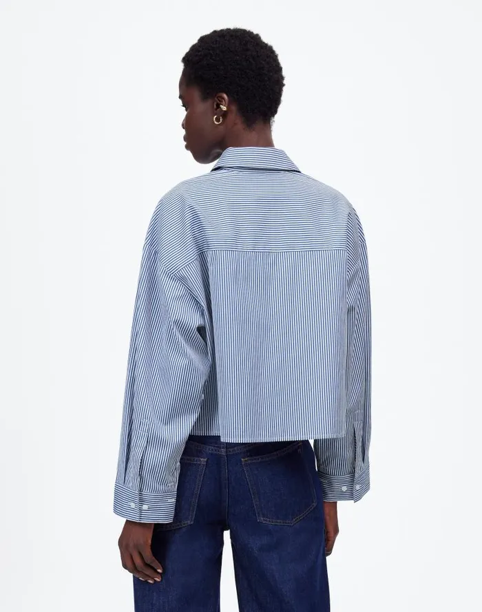 Women Poplin StraightHem Shirt Blue And White Even Stripe Madewell Tops and Shirts