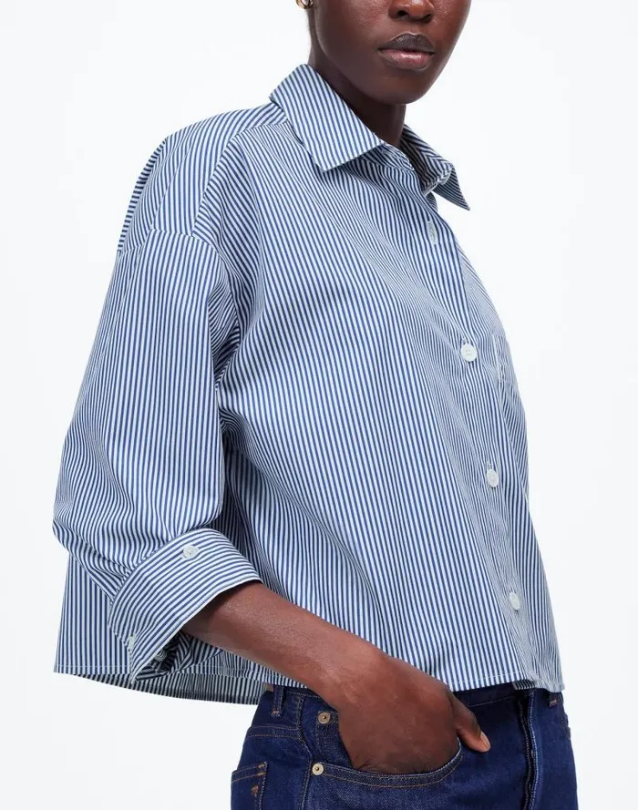 Women Poplin StraightHem Shirt Blue And White Even Stripe Madewell Tops and Shirts