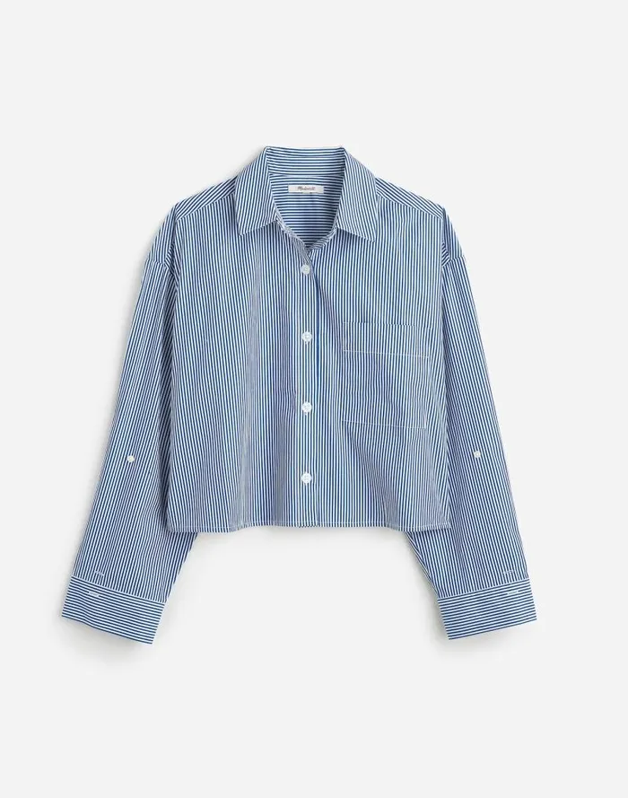 Women Poplin StraightHem Shirt Blue And White Even Stripe Madewell Tops and Shirts