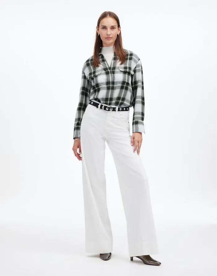 Women Popover Shirt In Plaid City Blue Madewell Tops and Shirts