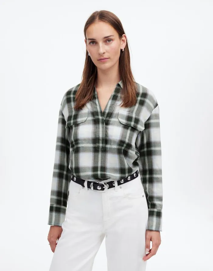 Women Popover Shirt In Plaid City Blue Madewell Tops and Shirts