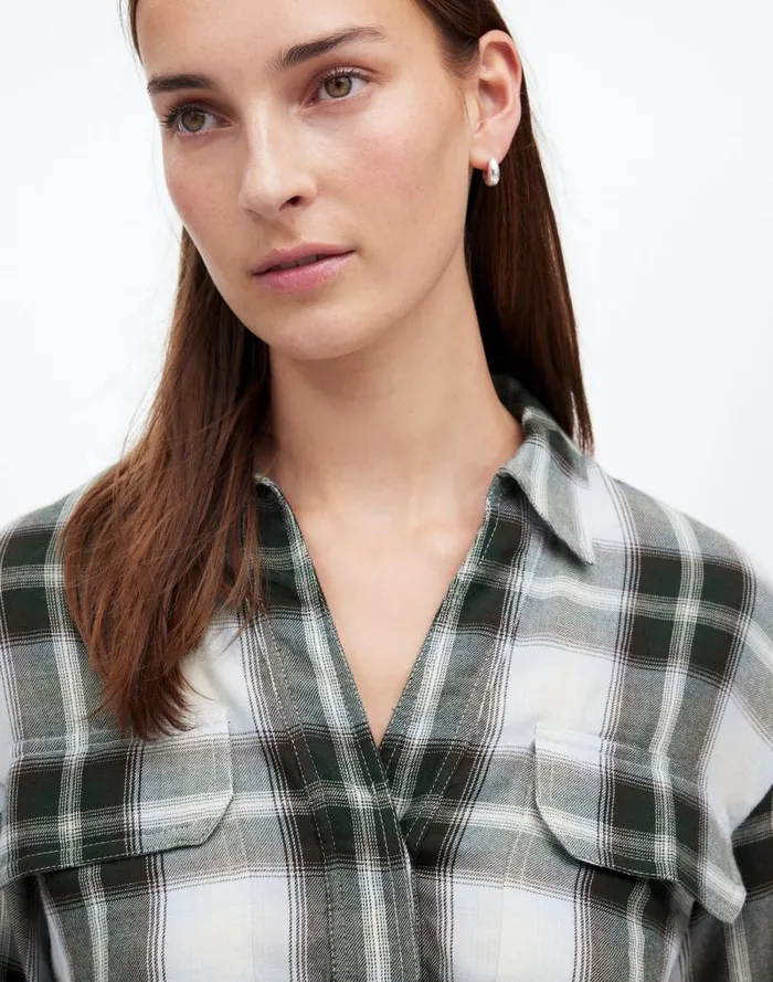 Women Popover Shirt In Plaid City Blue Madewell Tops and Shirts