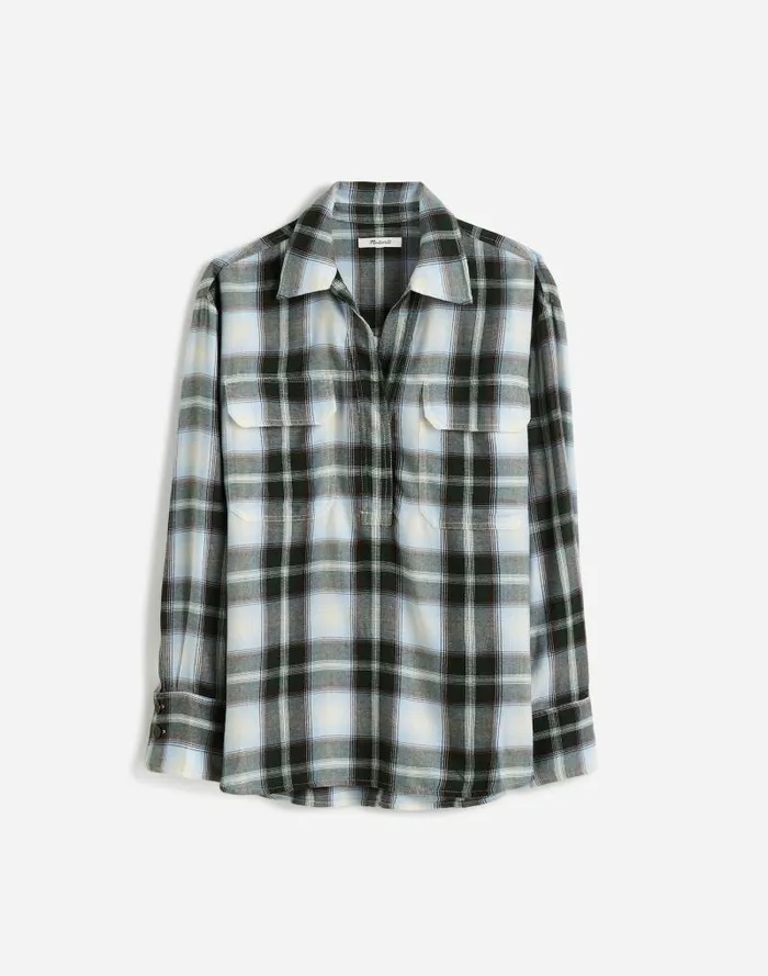 Women Popover Shirt In Plaid City Blue Madewell Tops and Shirts