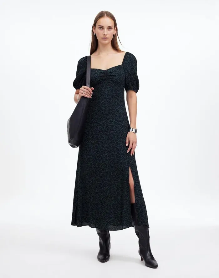 Women PuffSleeve Sweetheart Midi Dress Green Print Madewell Dresses