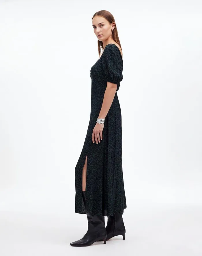 Women PuffSleeve Sweetheart Midi Dress Green Print Madewell Dresses