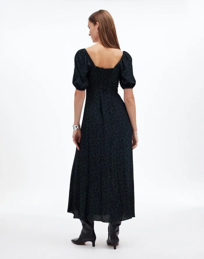 Women PuffSleeve Sweetheart Midi Dress Green Print Madewell Dresses