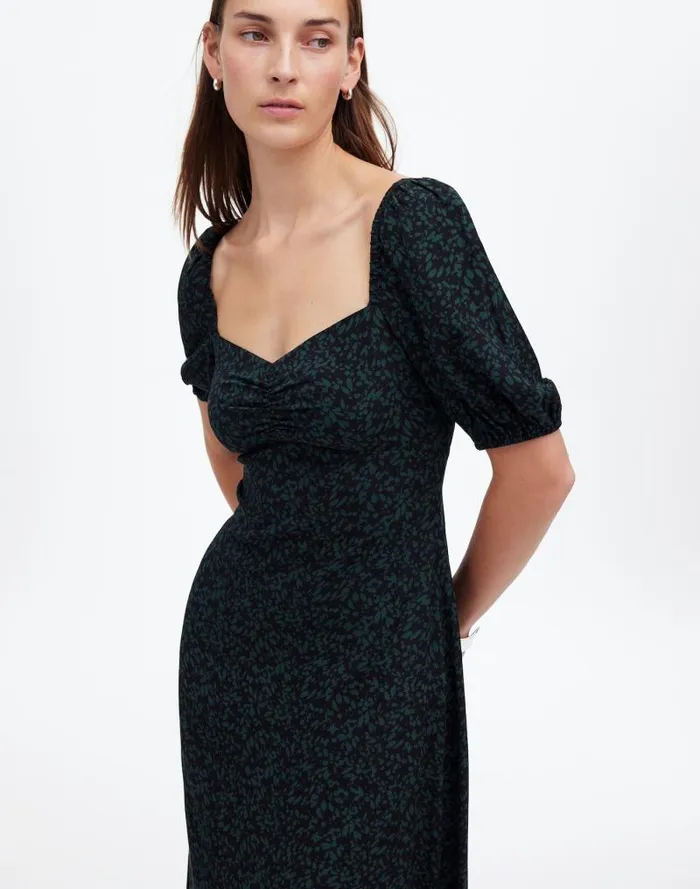 Women PuffSleeve Sweetheart Midi Dress Green Print Madewell Dresses