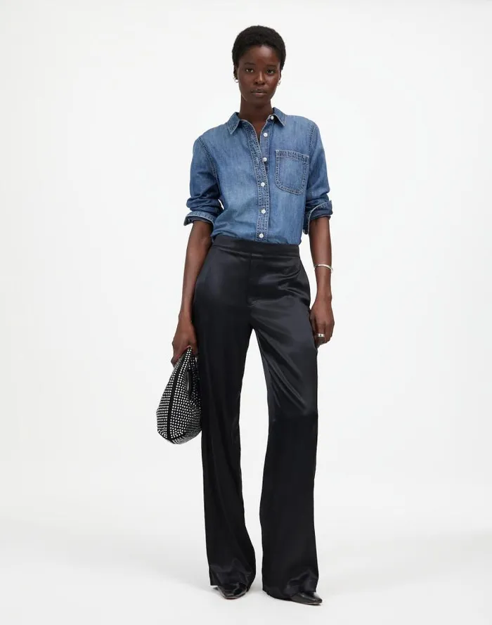 Women PullOn Straight Pants In Stretch Satin True Black Madewell Pants