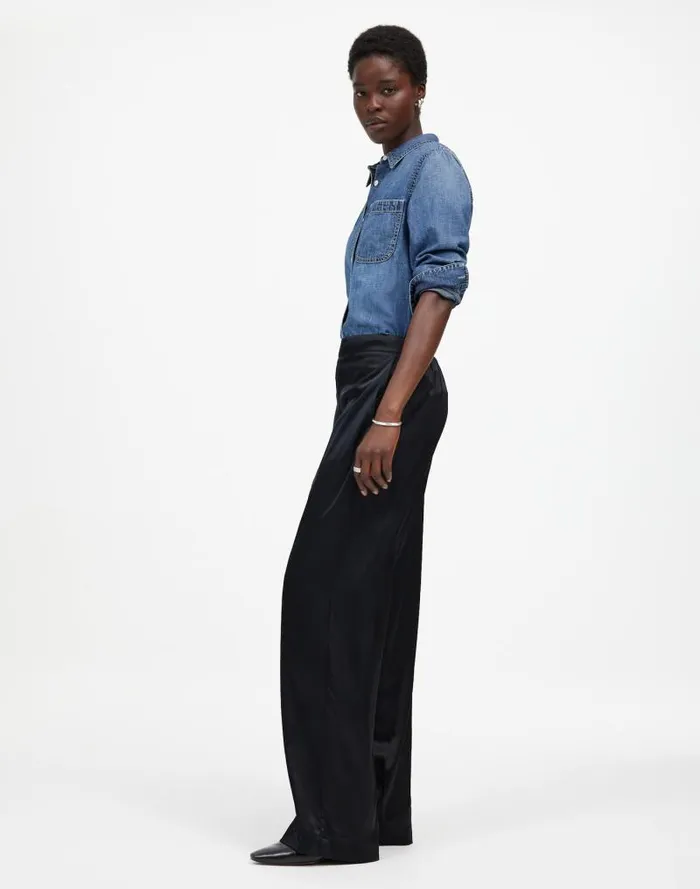 Women PullOn Straight Pants In Stretch Satin True Black Madewell Pants