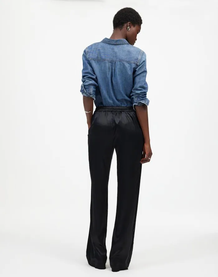 Women PullOn Straight Pants In Stretch Satin True Black Madewell Pants