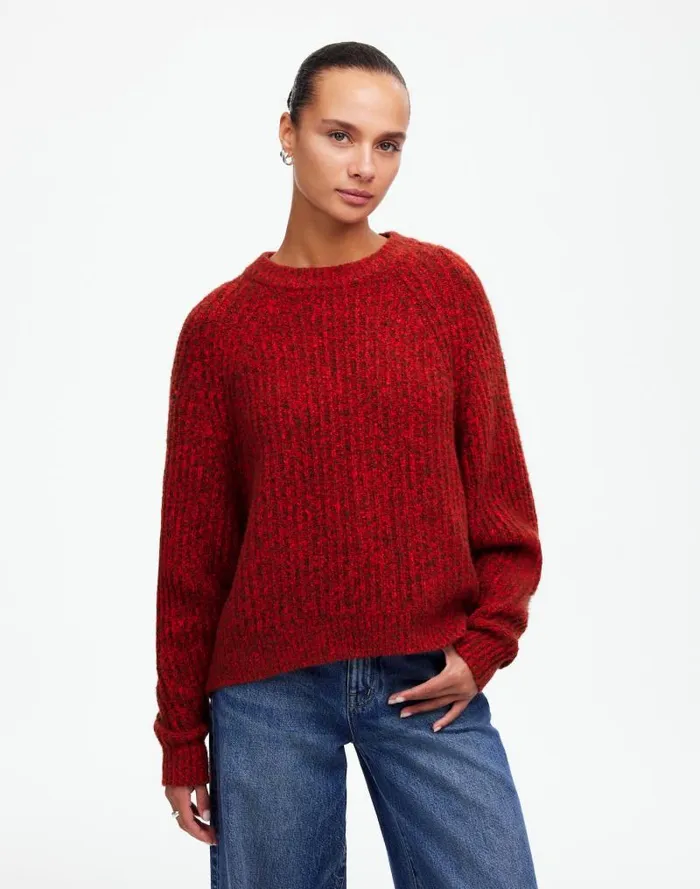 Women Ribbed CottonBlend Sweater Bright Cherry Marl Madewell Sweaters