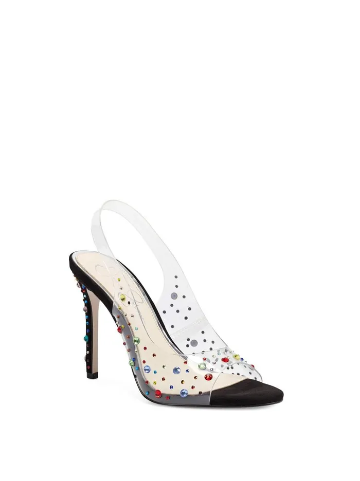 Women Sandals Jessica Simpson Jaisey High Heel In Clear and Rainbow Clear Embellished Rainbow